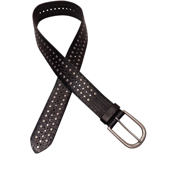 Linea Pelle Black Leather Belt Silver Studded Detail wide preloved EUC M - Picture 1 of 10
